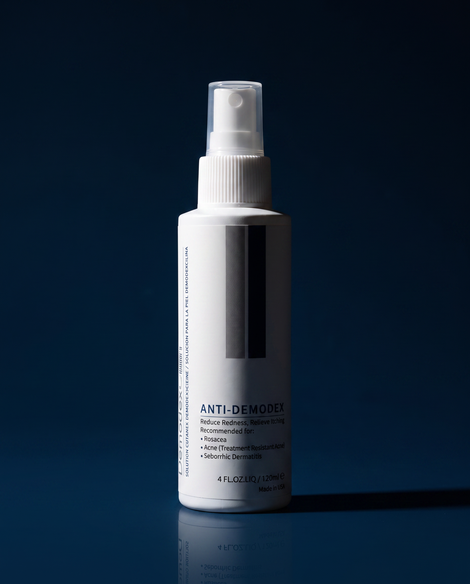 DemodexCillin Skin Solution, directional studio light on navy