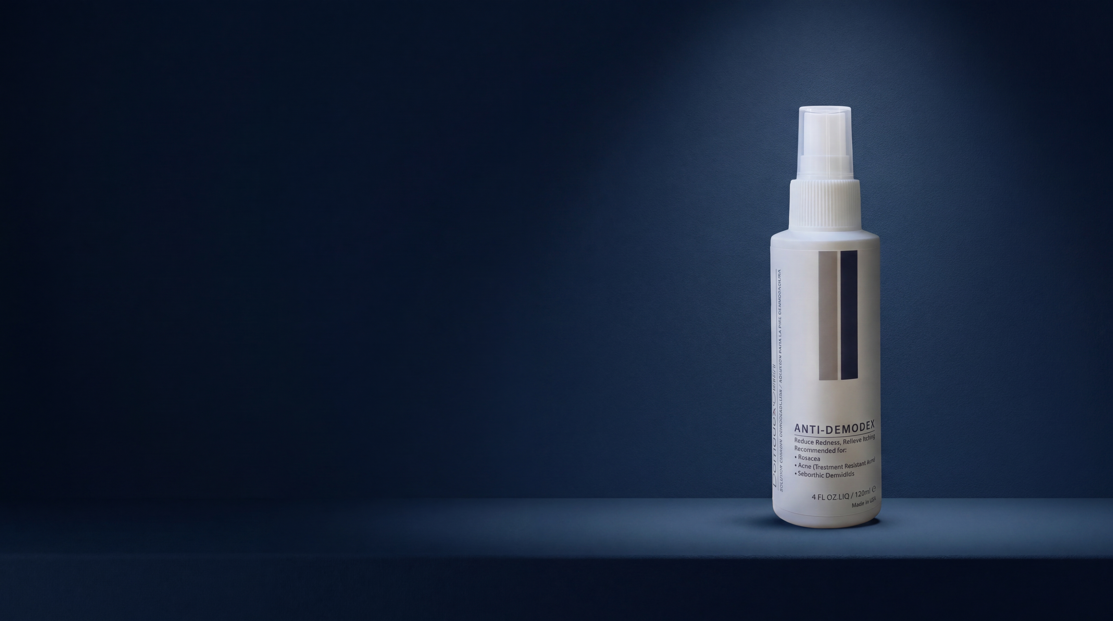DemodexCillin Skin Solution on deep navy, wide banner