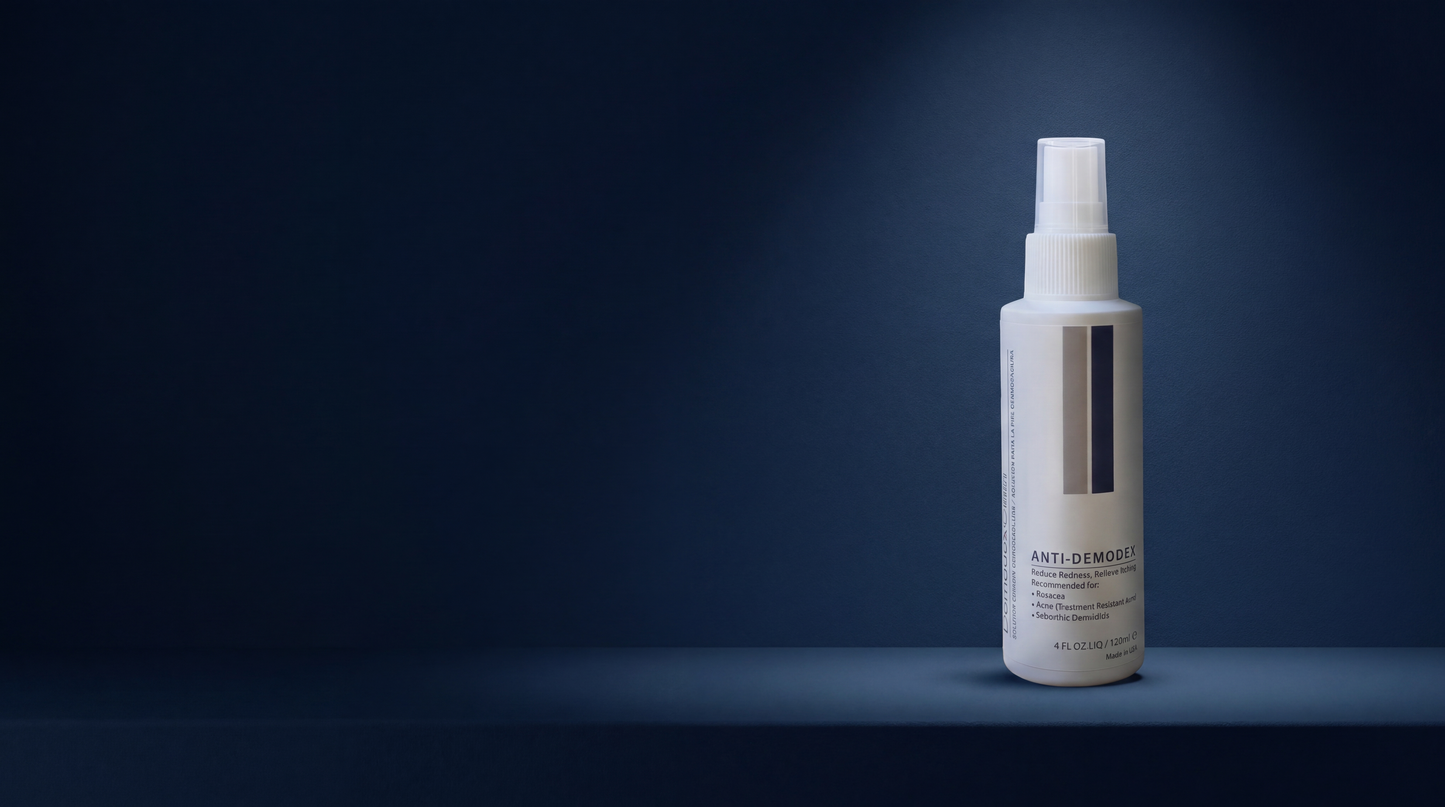 DemodexCillin Skin Solution, wide banner on deep navy